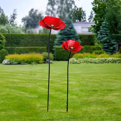 yeeplo Lot de 2 piquets de jardin classiques en métal - Décoration de sol - Coquelicot coloré - Sculpture d'extérieur - Design résistant au vent et à la pluie - Printemps et été - Décoration de jardin