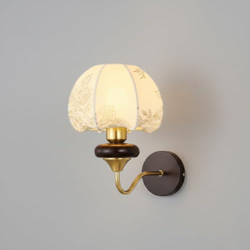Vintage vägglampa, vit blommig tygskärm bågad klockvägglampa med mässingsarm & bas i massivträ i valnöt, fast armatur, ljus for sovrum, vardagsrum, säng(20Cm/7.87In)
