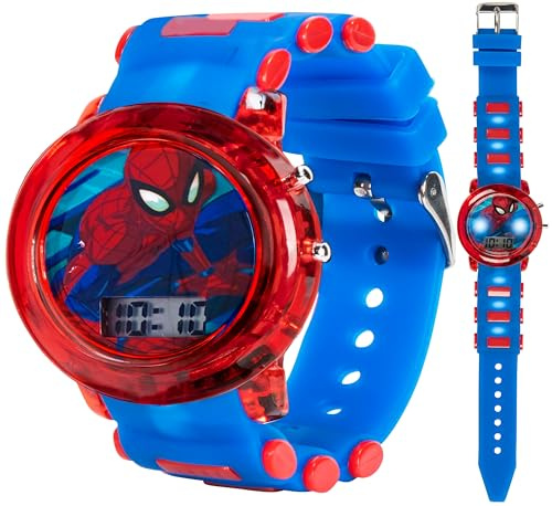 Marvel Spider-Man Kids' LCD Watch – Flashing LED Bullet Band, Digital Time Display, Red & Blue Design, Durable Plastic Case, Adjustable Silicone Strap – Fits Wrists 5.5 to 8
