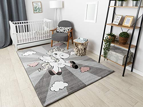 rugsx Kinderteppich Petit für Babyzimmer, Spielteppiche, Kinderzimmer, Einhorn grau 140x190 cm