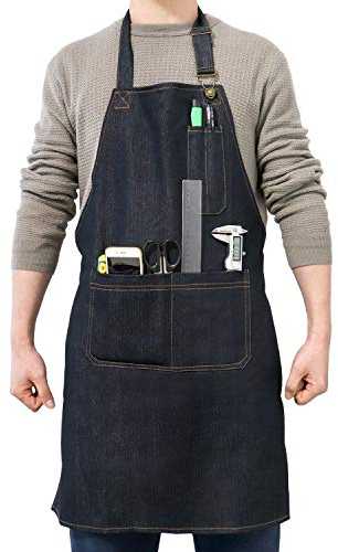 QWORK® Heavy Duty Denim Work Apron with Pockets, Adjustable Jean Tool Apron for Men and Women - Black