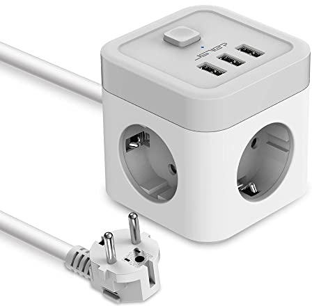 JSVER Regleta Enchufes con USB, Regleta Electrica(3680W 16A) con 3 USB Smart Station de Carga (5V2,4A) 3 Tomas y Interruptor con Cable 2 Meter-Negro