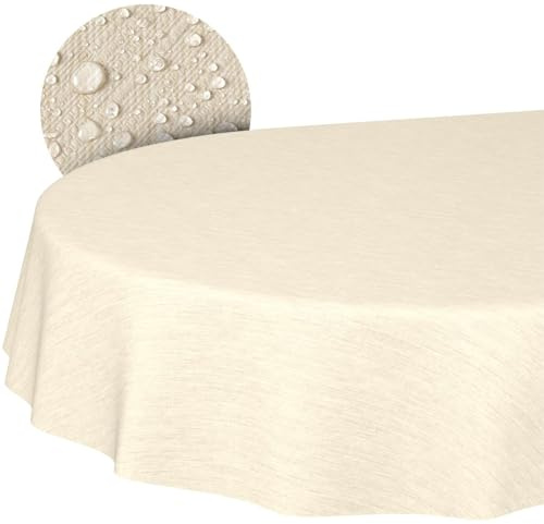 Nappe de Table en Toile cirée - Aspect Lin - Facile d'entretien - Imperméable - 160 x 140 cm (Ovale) - Bord coupé - Crème