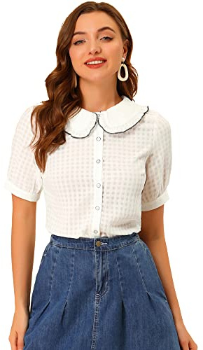 Allegra K Women's Peter Pan Collar Tops Short Sleeve Casual Gingham Shirt Blouse Small White