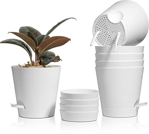 T4U 14cm Vasi per Piante Autoirriganti Set di 6, Vasi da Esterno Plastica Rotonda, Vasi Decorativi Interno Moderni con Sottovasi per Casa e Ufficio, Bianco