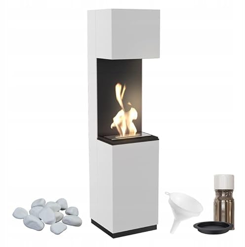 KRATKI Sierra Chimenea de pórtico de bioetanol + Guijarros + Set de aromaterapia + Embudo Independiente Biocontenedor 0,5 l TÜV Carcasa de MDF y Acero 170 x 40 cm Blanco