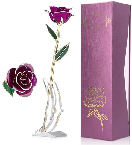 Natudeco In Gold getauchte Rose 24 Karat vergoldete Rosenblume Echte lila konservierte Blumengeschenke mit Basis für Valentinstag, Jahrestag, Hochzeit