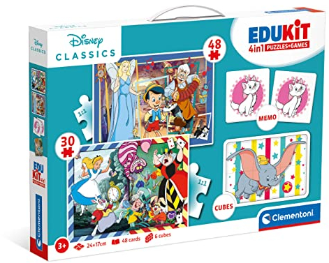 Clementoni Disney Classic Edukit 4 in 1 Set (Memo, Puzzle 30 und 48 Stücke, 6 Würfel) - pädagogische Spiele für Kinder - Memory und Logik-Spiel 18290