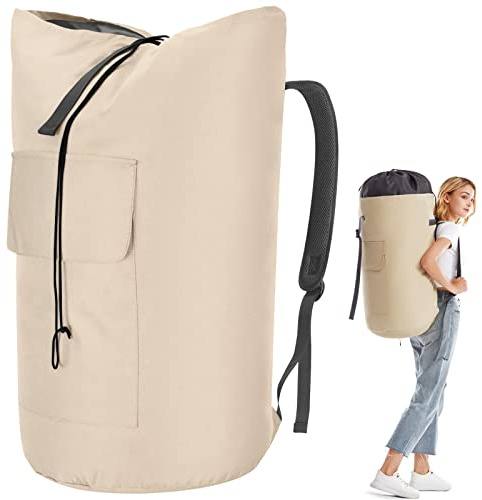 Wäschesack Schmutzwäsche XXL 115 Liter, Wäschebeutel Reise mit 2 Gepolsterte Schultergurte, Wäschetasche Faltbare Aufbewahrungsbeutel Kleidung Tasche, Seesack Rucksack (Beige)