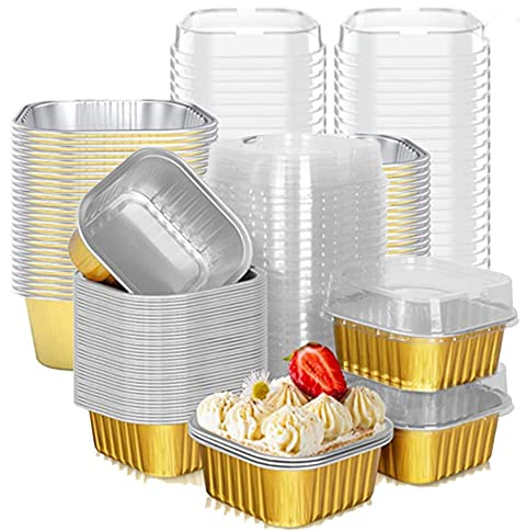 25 pcs Mini Square Baking Cups, 10 oz Aluminum Foil Mini Cake Pans with Lids, Aluminum Foil Cupcake Flan, Muffin Liners, Custard Cake Cups, Catering Gathering Favor golden
