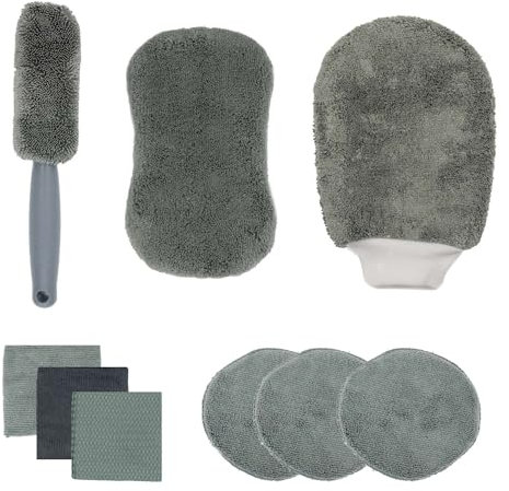 INTIRILIFE 9-teiliges Autopflege Reinigung Set - Mikrofaser Tuch Handschuh zur Autoreinigung, Wachs Reinigungstuch Pflegeset