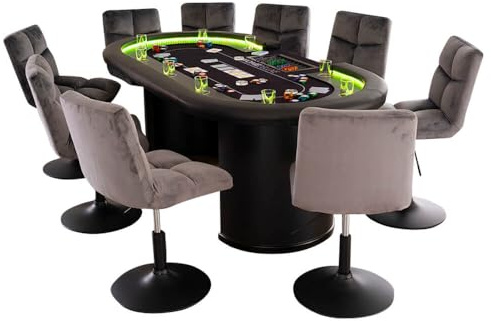 Home Deluxe - Pokertisch mit 10 Stühlen Double UP - Tisch mit LED Beleuchtung u. Getränkehalter, Maße: 215 x 106 x 78 cm, Stuhlfarbe: Hellgrau I Spieltisch Poker Tisch
