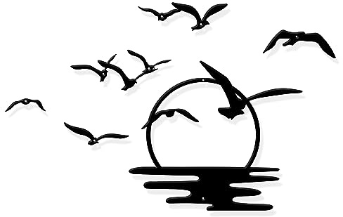 ORIGACH Arte da Parete in Metallo Nero con Stormo di Uccelli, Moderna Decorazione da Parete con Uccelli Volanti sul Livello del Mare al Tramonto, Decorazione da Parete in Metallo con Silhouette di