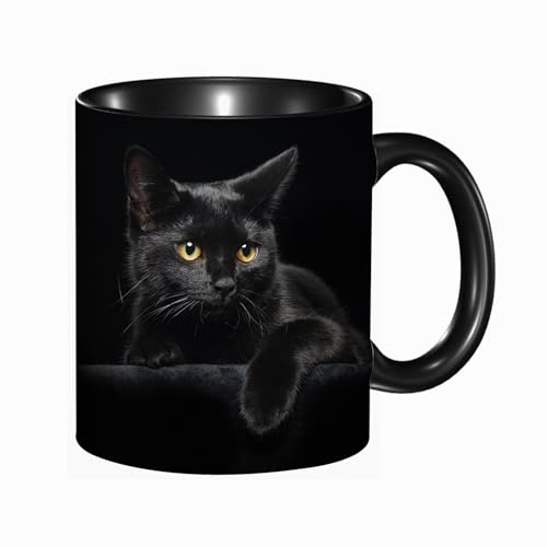 Tasse Keramik Schwarze Katze mit gelben Augen auf schwarzem Hintergrund Kaffeetassen Große 330ml Mit Henkel 100% Handbemalt Trinkgläser Mit Griff Personalisierte Geschenk