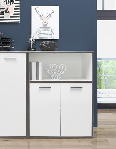 Forte KEFLAVIK Bücherregal 80 90, Regal mit 2 Türen, Standregal, Büro, Home Office, Wohnzimmer, Jugendzimmer, Holzwerkstoff, Weiß/Uni Wolfram Grau, 84,5 cm breit x 115,1 cm hoch x 41,5 cm tief