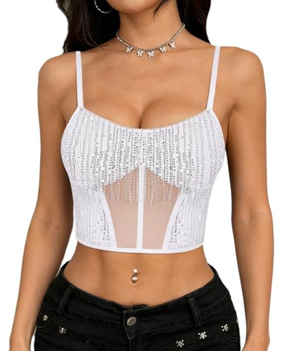 Segreto Damen Pailletten Fransen Crop Top Strass Quaste Ärmellos V-Ausschnitt Spaghettiträger Trägertop Bustier Weiß