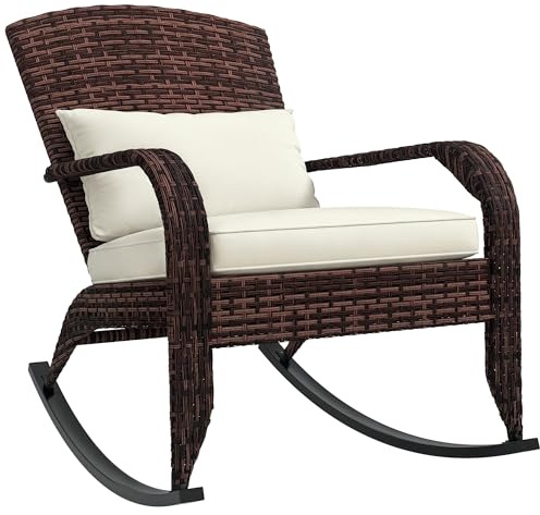 Outsunny Outdoor Wicker Adirondack Rocking Chair, Patio Rattan Rocker Chair with High Back, Seat Cushion, and Pillow for Garden, Porch, Balcony, Cream White