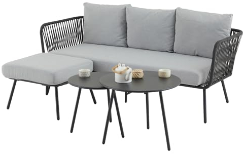 Gartenmöbel MYKONOS - Dreisitzer, Hocker, Beistelltische, Schwarz/Grau. Strapazierfähig, wasserabweisend mit Polyesterkissen. Ideal für Lounge, Balkon, Terrasse. Inkl. Lounge Sofa, Outdoor Möbel.