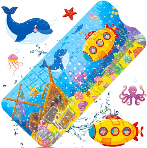 GUHAOOL Tappetino Vasca Antiscivolo Bambini da Bagno,100x40cm Tappetino per Doccia Antiscivolo con 200 Ventose e Modello Animale Marino,Senza BPA Antibatterico Lavabile in Lavatrice Tappetino da Bagno