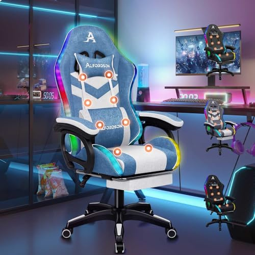 ALFORDSON Gaming Stuhl Gamer Stühle RGB LED Racing Gamer-Stuhl Sessel Massage Bürostuhl ergonomisch Fußstützen, Schreibtischstuhl, Neigungswinkel 90-150°,180 kg belastbar, Stoff, Hellblau
