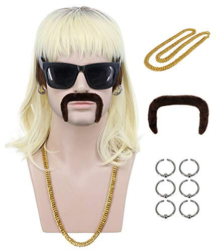 VGbeaty 70er 80er Vokuhila-Perücke, lang, gewellt, schwarze Wurzel, blonde Perücke mit Schnurrbart, goldene Halskette und 6 Ohrringe, für Halloween, Kostüm, Cosplay