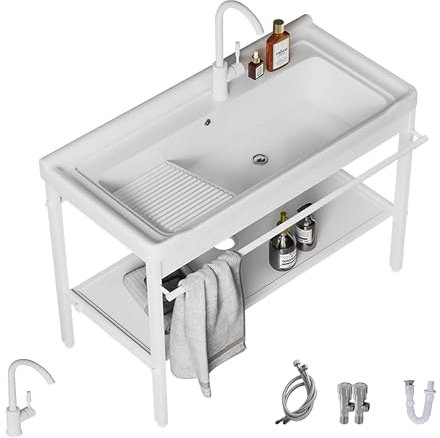 Keramik Spülbecken mit Waschbrett Set - Edelstahl Standwaschbecken für Balkon, Waschküche, Garage, Keller - Innen/Außen