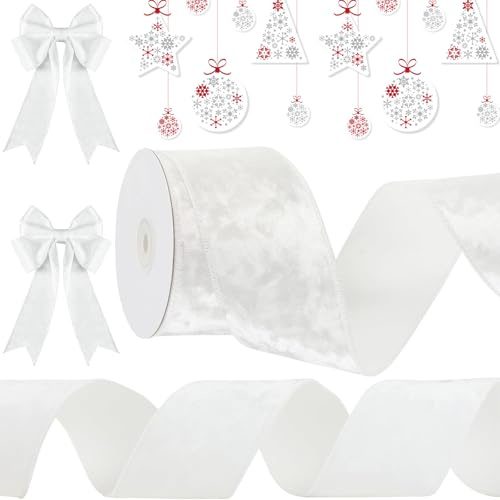 Ruban de Noël en velours doux de 9,1 m pour travaux manuels, emballage cadeau, couronne, nœuds supérieurs, couture de sapin de Noël (blanc)