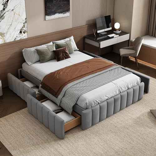 SOFTWEARY Futonbett mit Lattenrost und Schubladen, Doppelbett ohne Kopfteil, Jugendbett, Bezug aus Samt (grau, 140x200 cm)