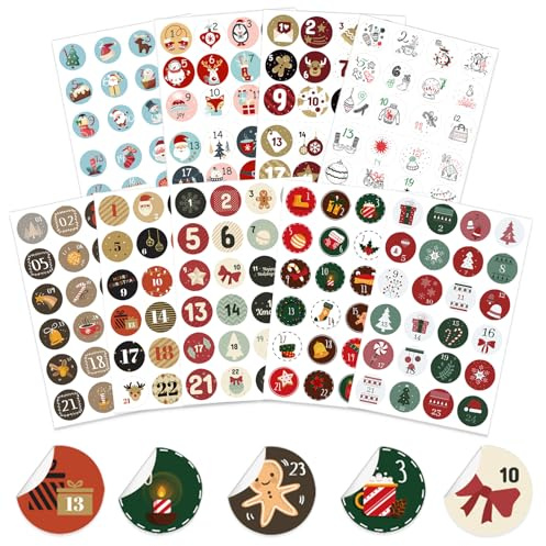 JSTHHTT 9 x 24 bunte Adventskalender Aufkleber, Adventskalenderzahlen Etiketten selbstklebend, Sticker für Kalender zum selber basteln für Weihnachten, für Adventskalender Basteln und Befüllen