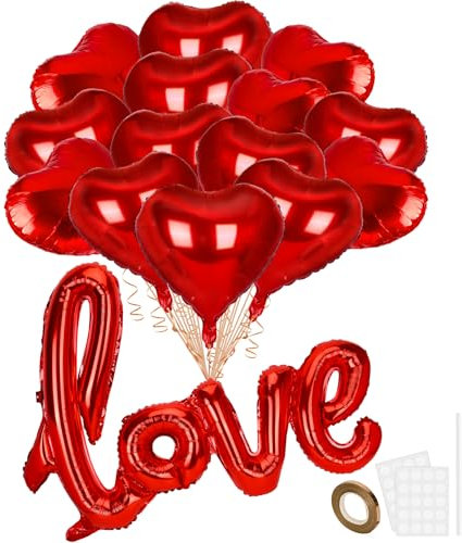 Ballon Coeur Rouge, 22 Ballons en Aluminium en Forme de Cœur et 1 Ballon en Aluminium Love, Kit de Décorations Ballons à L'hélium pour la Saint-Valentin Fête D'anniversaire Fiançailles Mariage