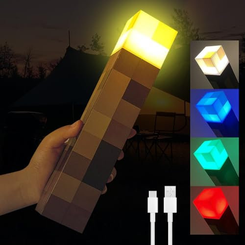 XPJBKC Craft Fackel Lampe, Wall Fackel Nachtlicht mit 4 Farbe, LED Mcers Nachtlicht, Nachttischlampe mit USB Wiederaufladbar, 3D Nachttischlampe Kinder für Cosplay Spielzeug Geschenke