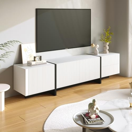 Merax TV Schrank, Moderner TV Lowboard mit 3 Türen und 2 Schubladen, Fernsehtisch für Wohnzimmer und Esszimmer, Weiß und Schwarz, 190L x 35B x 45H cm