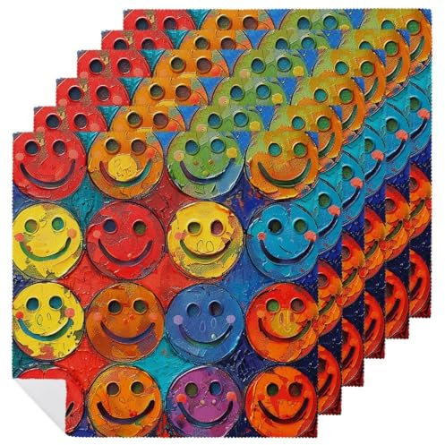 Stoffservietten, 6 Stück, 47 x 47 cm, bedruckt, waschbar, Polyester, buntes Smiley-Gesicht für Weihnachten, Thanksgiving, Hochzeiten