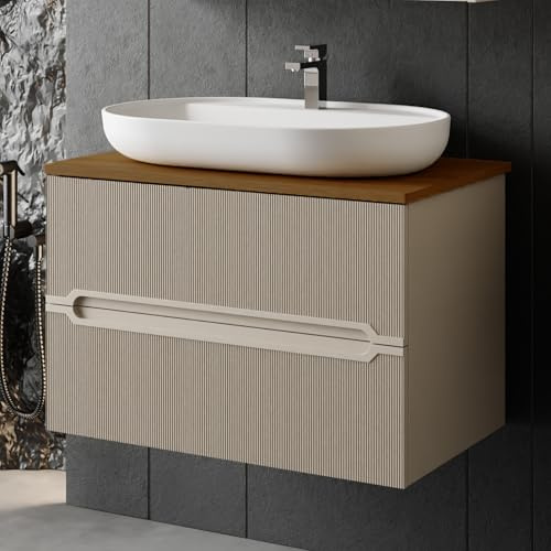Karen Waschtisch mit Unterschrank Bella | Keramikwaschbecken | Unterschrank | Badmöbel | Aufsatzwaschbecken | Konsolenwaschtisch | Kaschmir Beige | Badezimmer | Riffel (Bella 80 mit Konsole Walnuss)