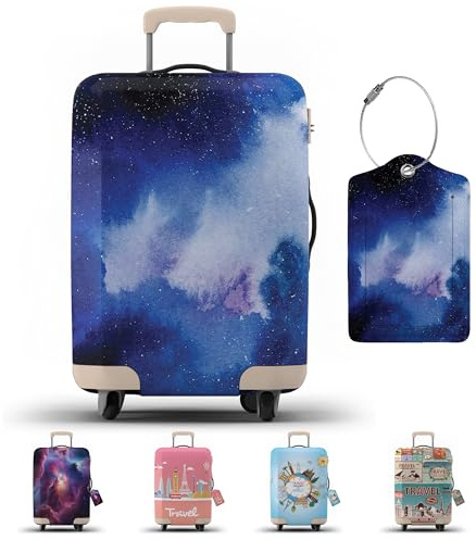 Kofferhülle Kofferschutzhülle Elastisch mit Kofferanhänger, Blaue Galaxie | Koffer Überzieher mit Reißverschluss | Kofferüberzug Schutzhülle | Kofferhülle M