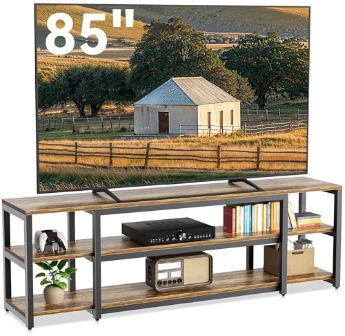 Aquzee Lowboard, 191 cm Lang TV Schrank, Großer Fernsehschrank für 60-85 Zoll TVs, Fernsehtisch TV Board, Holz und Metall, 3-stöckiger Stauraum Regal Cabinet für Wohnzimmer