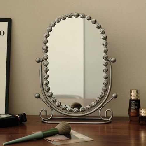 Hosoncovy Desktop Mirror with Stand Metal Frame Oval Free Standing Vanity Makeup Tabletop Mirror for Bathroom Bedroom (Silver)