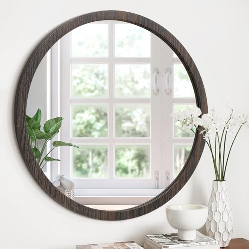 JJUUYOU Runder Spiegel, rund, Wandspiegel für Badezimmer, Vintage-Stil, Holzrahmen, rustikaler Make-up-Spiegel für Wohnzimmer, Schlafzimmer, Wohnheim, Eingangsbereich, Braun