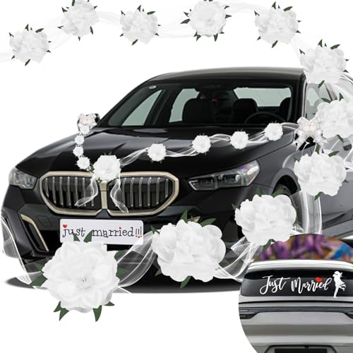 Autoschmuck Deko Hochzeit, Hochzeitsschmuck mit 11 Rosen, 4 Girlande, 1 JUST MARRIED-Aufkleber, 1 Weiße Fensteraufkleber für Hochzeitsdekorationen，Hochzeitsauto-Dekorationsset