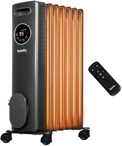 hykolity Electric Oil Filled Radiator, 1500W Portable Full Room Radiant Space Heater with Adjustable Thermostat, Remote, Led Display, Child Lock, Overheat & Tip-Over Protection, 24H Timer, Grey