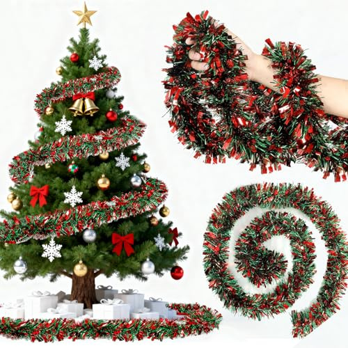 Weihnachtsgirlande Rot Grüne,10m Lametta Girlande Weihnachten Grüne Rot,Glitzernd Gir-Lande Weihnachten Innen & Außen für Weihnachtsbaum Weihnachtsfeier,Christmas Lametta Tannengirland Weihnachtsdeko