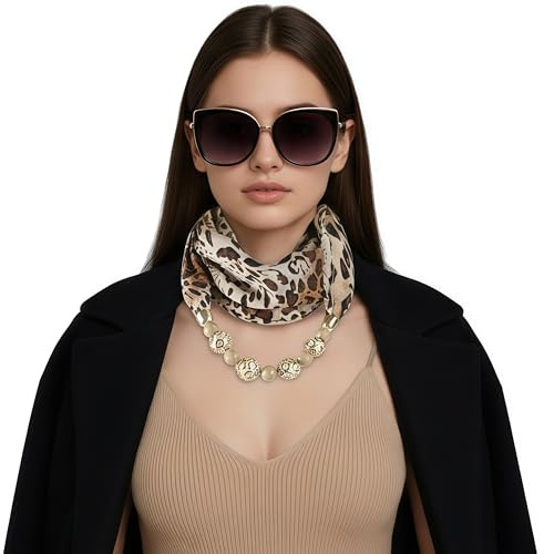 SIQITECH Foulard à Imprimé Léopard Collier 2 en 1 Femme Echarpe d’Animal Décoratif Elégant Automne Foulard Perlé Vintage avec Collier Echarpe de Voyage avec Perles pour Photographe Bal Sortie