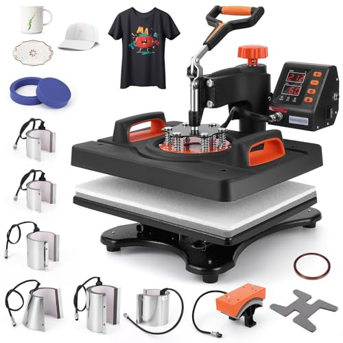 Multipurpose Heat Press Machine 12x15in – 9-in-1 Swing Away Sublimation Transfer Machine for T-Shirts, Hats, Mugs, Plates, Pillow Cases, Tote Bags, Mouse Pads, Masks