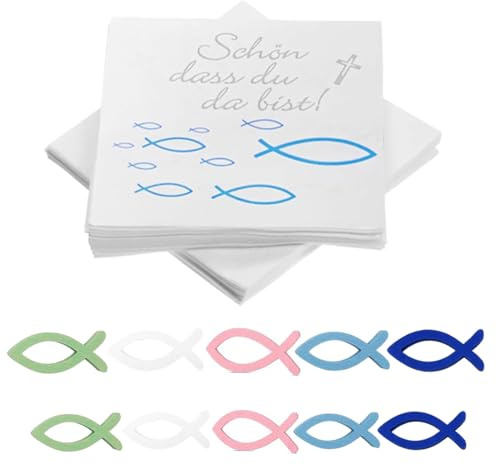Luxorium 20 Stück Fisch Servietten mit Spruch und 50 Holz Fische Tischdeko Set für Taufe Kommunion Konfirmation Blaue Deko 33 x 33 cm