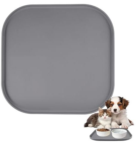 27 x 27 cm wasserfeste Silikon Futtermatte für Hunde und Katzen, Hundenapf Unterlage Silikon mit Rand, rutschfeste, Napfunterlage Katzen Hund für Wasserschalen, automatische Futterautomaten, Grau
