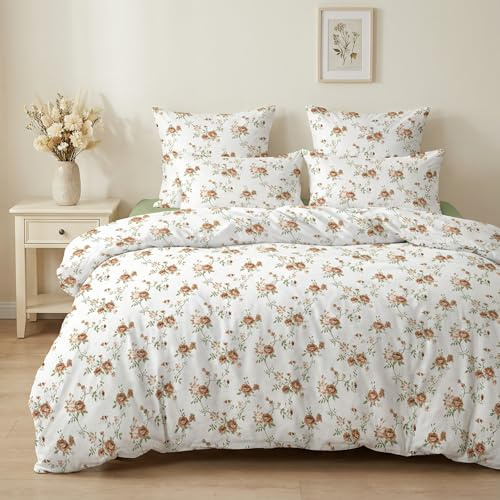 Covebett Ropa de cama 135 x 200 blanco verde marrón flores hojas plantas patrón estético funda nórdica con flores flores patrón microfibra suave juego de ropa de cama 2 piezas con cremallera y