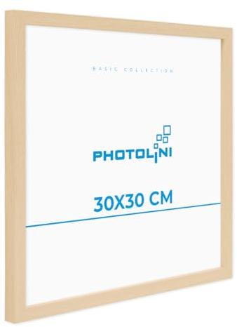 PHOTOLINI Bilderrahmen 30x30 Holz Natur aus MDF Poster-Bilderrahmen quadratisch 30x30, bruchsicheres Acrylglas, zum Aufhängen, extra Zubehör - für Fotos & Poster