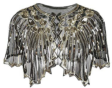 Grouptap 1920er Jahre Schwarz/Gold/Silber/Weiß Schal Gatsby Bolero Pailletten Umhang Shrug Wrap für Damen Flapper Art Deco Vintage Kleid Kostüm