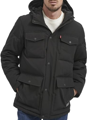 Levi's Men's Water Resistant Arctic Cloth Midlength Quilted Hoody Parka (Regular and Big & Tall Sizes), Black, Medium