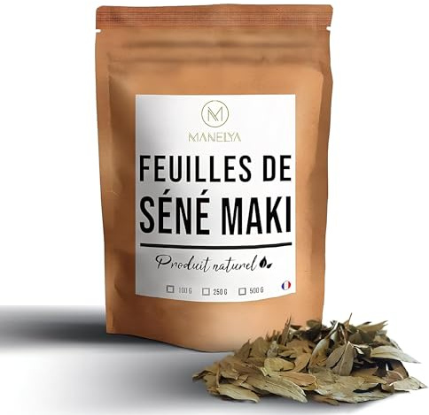 Manelya, feuilles de Séné Maki, calmantes, apaisantes, contre la constipation, laxative, produit naturel, vendu dans un sachet refermable de 100g.